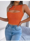 Kadın Kolsuz Bisiklet Yaka Güpüs Dekolteli Triko Crop Bluz