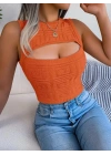 Kadın Kolsuz Bisiklet Yaka Güpüs Dekolteli Triko Crop Bluz