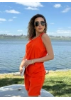 Kadın Kolsuz V Yaka Kuş Gözü Detay Bluz Short Aerobin Ikili Takım