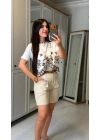 Kadın şal Desen Detay Bluz Ve Keten şort Ikili Takım