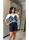 Kadın şal Desen Detay Bluz Ve Keten şort Ikili Takım