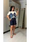 Kadın şal Desen Detay Bluz Ve Keten şort Ikili Takım