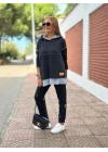 Kadın Siyah Kapşonlu Etek Ucu Detay Arma Ters Dikiş Gorunumlu Ikili Takım