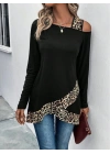 Kadın Tek O Uzdan Açık Askılı Uzun Kollu Leopar Detaylı Viskon Bluz