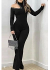 Kadın Tek Omuzdan Açık Balıkçı Yaka Taş Detaylı Uzun Ithal Krep Tulum