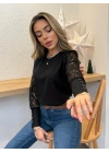 Kadın Uzun Kollu Bisiklet Yaka Kolları çiçekli Waffle Bluz