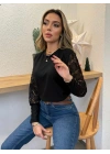 Kadın Uzun Kollu Bisiklet Yaka Kolları çiçekli Waffle Bluz