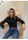 Kadın Uzun Kollu Bisiklet Yaka Kolları çiçekli Waffle Bluz