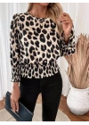 Kadın Uzun Kollu Bisiklet Yaka Leopar Desenli Modal Bluz