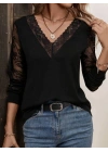 Kadın Uzun Kollu V Dantel Yakalı Viskon Bluz