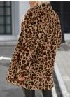 Kadın Uzun Kollu Yakalı Cepli Kısa Peluş Leopar Kaban