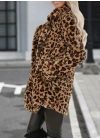 Kadın Uzun Kollu Yakalı Cepli Kısa Peluş Leopar Kaban