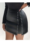 Kadın Yüksek Belli Yandan çivili Mini Deri Etek