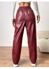 Kadın Yüksel Bel Bağcıklı Deri Pantolon