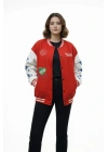 Kırmızı Varsity Çıtçıtlı Baskılı Oversize Kalıp Kolej Ceket - Kırmızı