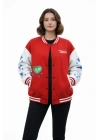 Kırmızı Varsity Çıtçıtlı Baskılı Oversize Kalıp Kolej Ceket - Kırmızı