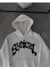 Kışlık Kapşonlu Baskılı Oversize SweatShirt- Beyaz