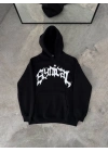 Kışlık Kapşonlu Baskılı Oversize SweatShirt- Siyah