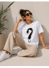 Kuğu Figürlü Soru İşareti Baskılı Tişört Kısa Kol T-Shirt - Beyaz