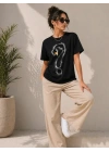 Kuğu Figürlü Soru İşareti Baskılı Tişört Kısa Kol T-Shirt - Siyah
