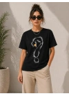 Kuğu Figürlü Soru İşareti Baskılı Tişört Kısa Kol T-Shirt - Siyah