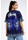 Lacivert Oversize Tişört Dragon - Kuru Kafa Baskılı Bisiklet Yaka T-Shirt - Lacivert