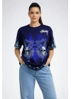 Lacivert Oversize Tişört Dragon - Kuru Kafa Baskılı Bisiklet Yaka T-Shirt - Lacivert