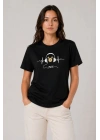 Müzik Temalı Baskılı Tişört Bisiklet Yaka Kısa Kol T-Shirt - Siyah