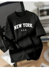 New York Baskılı Oversize Bisiklet Yaka T-shirt - Siyah