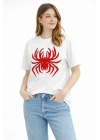 Örümcek Baskılı Tişört Kısa Kollu Bisiklet Yaka T-Shirt - Beyaz