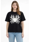 Örümcek Baskılı Tişört Kısa Kollu Bisiklet Yaka T-Shirt - Siyah