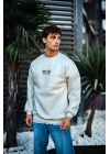Oversize Bisiklet Yaka Üç İplik Baskılı SweatShirt - Beyaz