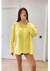 Oversize Pens Detaylı Cepli Yırtmaçlı Rahat Kalıp Poplin Gömlek - Sarı