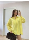 Oversize Pens Detaylı Cepli Yırtmaçlı Rahat Kalıp Poplin Gömlek - Sarı