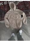 Oversize Tam Fermuarlı Uzun Kol Hırka - Bej
