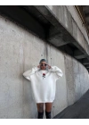 Oversize Üç İplik Bisiklet Yaka Baskılı SweatShirt - Beyaz