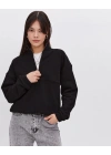 Oversize Yarım Farmuarlı Yakalı Basic SweatShirt - Siyah