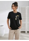 Sevimli Kedi Cep Baskılı Tişört Kısa Kol Yazlık T-Shirt - Siyah