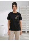 Sevimli Kedi Cep Baskılı Tişört Kısa Kol Yazlık T-Shirt - Siyah