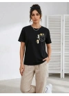 Sevimli Kedi Cep Baskılı Tişört Kısa Kol Yazlık T-Shirt - Siyah