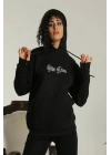 Sırt Baskılı Oversize Üç İplik Kapüşonlu Sweatshirt - Siyah