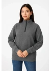 Üç İplik Dık Yaka Yarım Fermuarlı SweatShirt - Antrasit