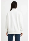Üç İplik Dık Yaka Yarım Fermuarlı SweatShirt - Beyaz