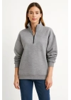 Üç İplik Dık Yaka Yarım Fermuarlı SweatShirt - Gri