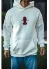 Üç İplik Kapşonlu Baskılı Oversize SweatShirt- Beyaz