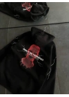 Üç İplik Kapşonlu Baskılı Oversize SweatShirt- Siyah