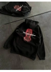 Üç İplik Kapşonlu Baskılı Oversize SweatShirt- Siyah