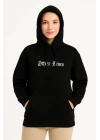 Üç İplik Kapşonlu ön Ve Arka Baskılı SweatShirt Hoodie- Siyah