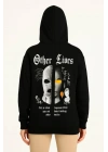 Üç İplik Kapşonlu ön Ve Arka Baskılı SweatShirt Hoodie- Siyah
