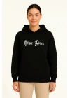 Üç İplik Kapşonlu ön Ve Arka Baskılı SweatShirt Hoodie- Siyah